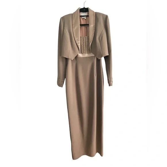 Jovani Tan & Gold Dress and Jacket Set With Beaded Embellishments Size 8 - Picture 2 of 10